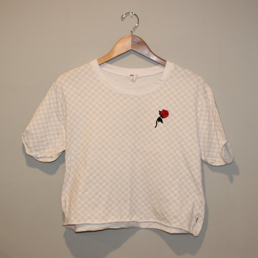 Vans x Leila Beige/White Checkered Boxy Crop Top with Embroidered Rose Detail